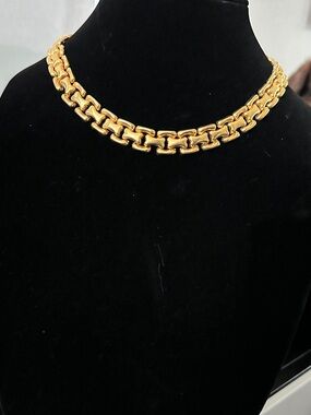 Vintage Gold Tone Open Rectangle Link Choker Necklace 16" Hidden Clasp